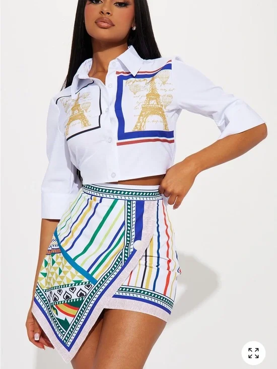•Paris Dreams• Eiffel Print Button Shirt with Multicolor Striped Skirt New Set - Picture 1 of 3